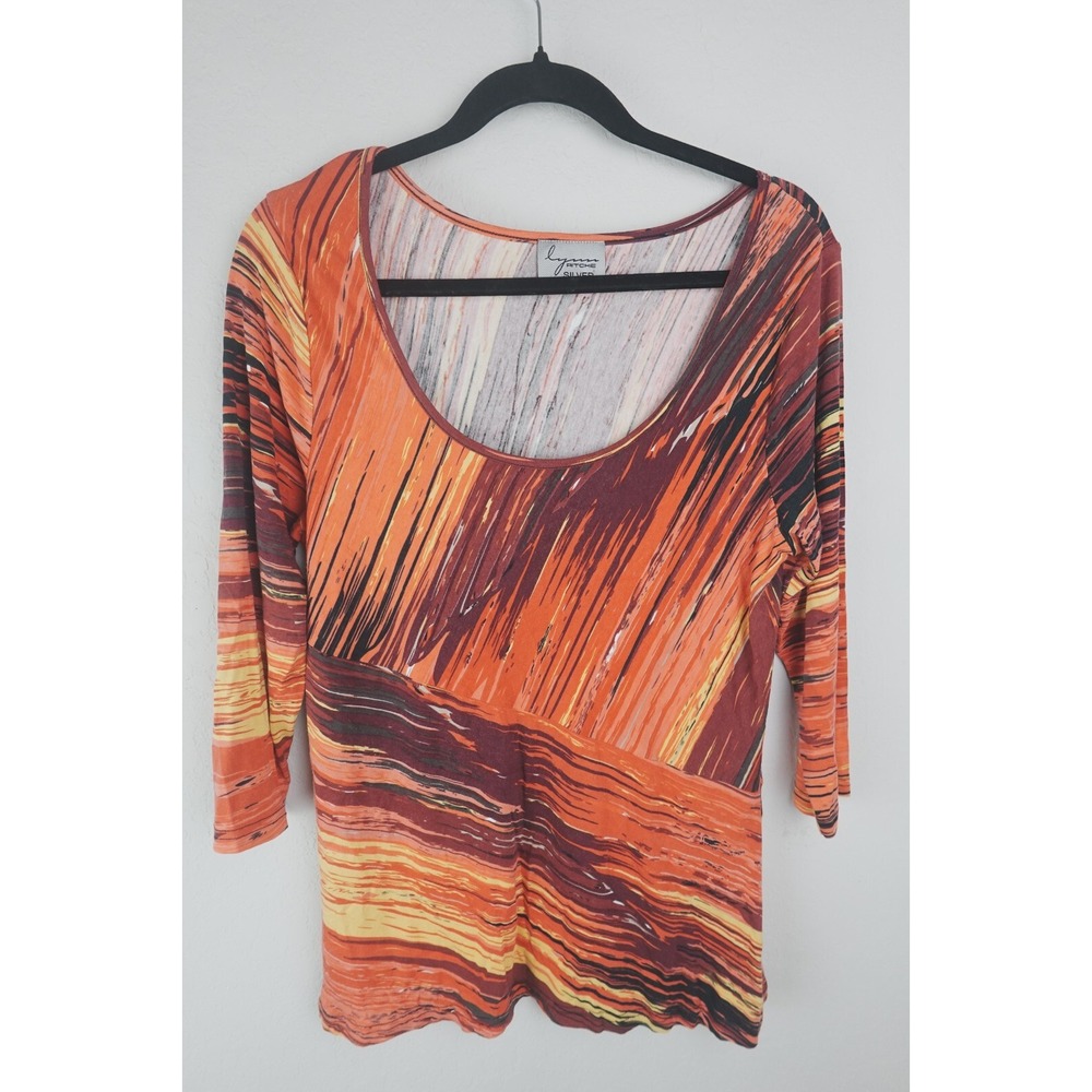 Lynn Ritchie Silver Abstract Print S Top Orange Red Yellow Brushstroke Pattern‎